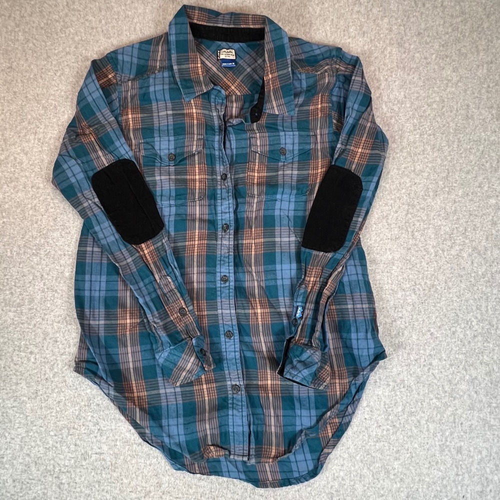 Kavu Plaid Flannel Shirt High Horizon Womens M Teal Blue Corduroy Elbow Patch